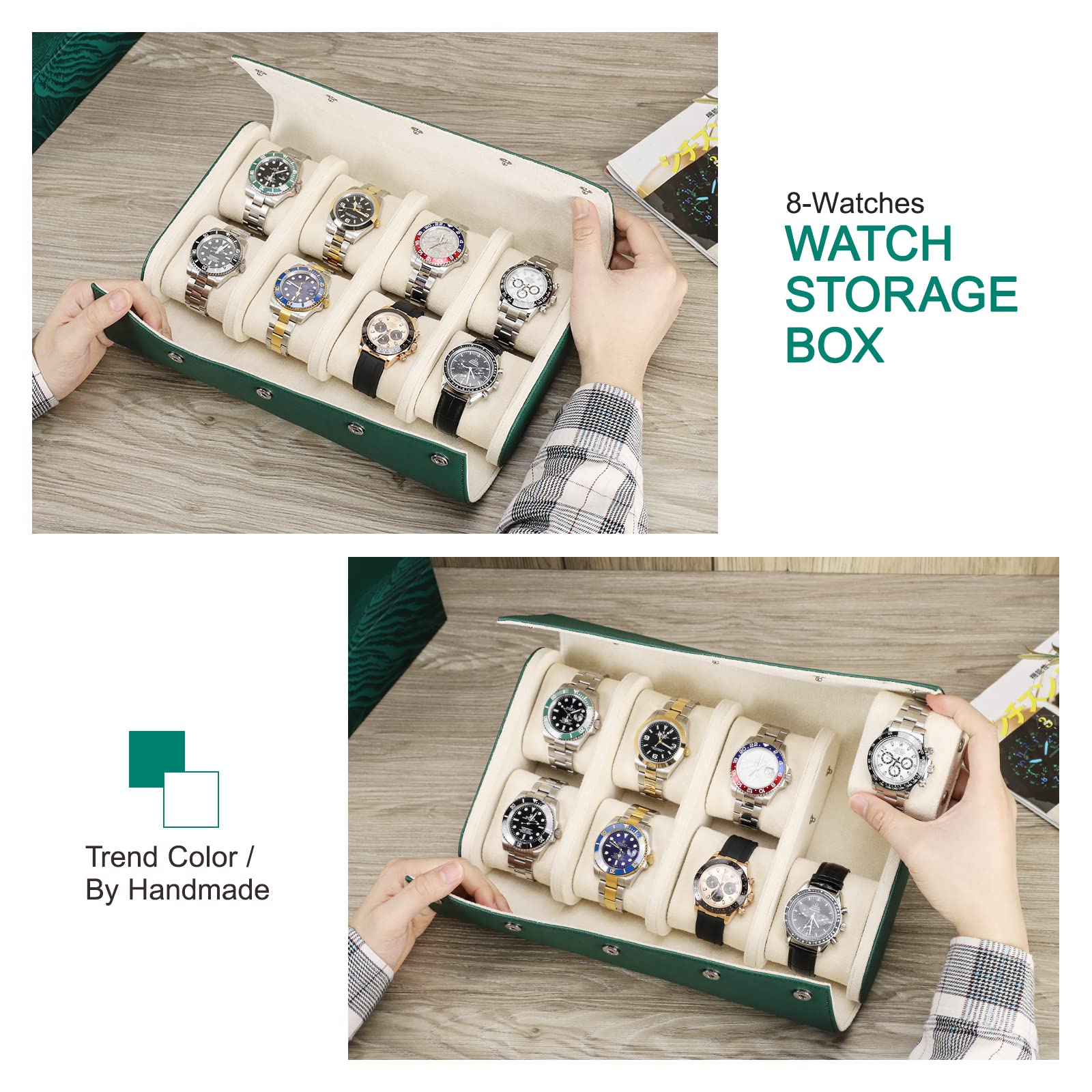 Hiram Portaorologi Da Viaggio In Pelle - Organizer A Rotolo Per 3 Orologi, Design Classico - Foto 3