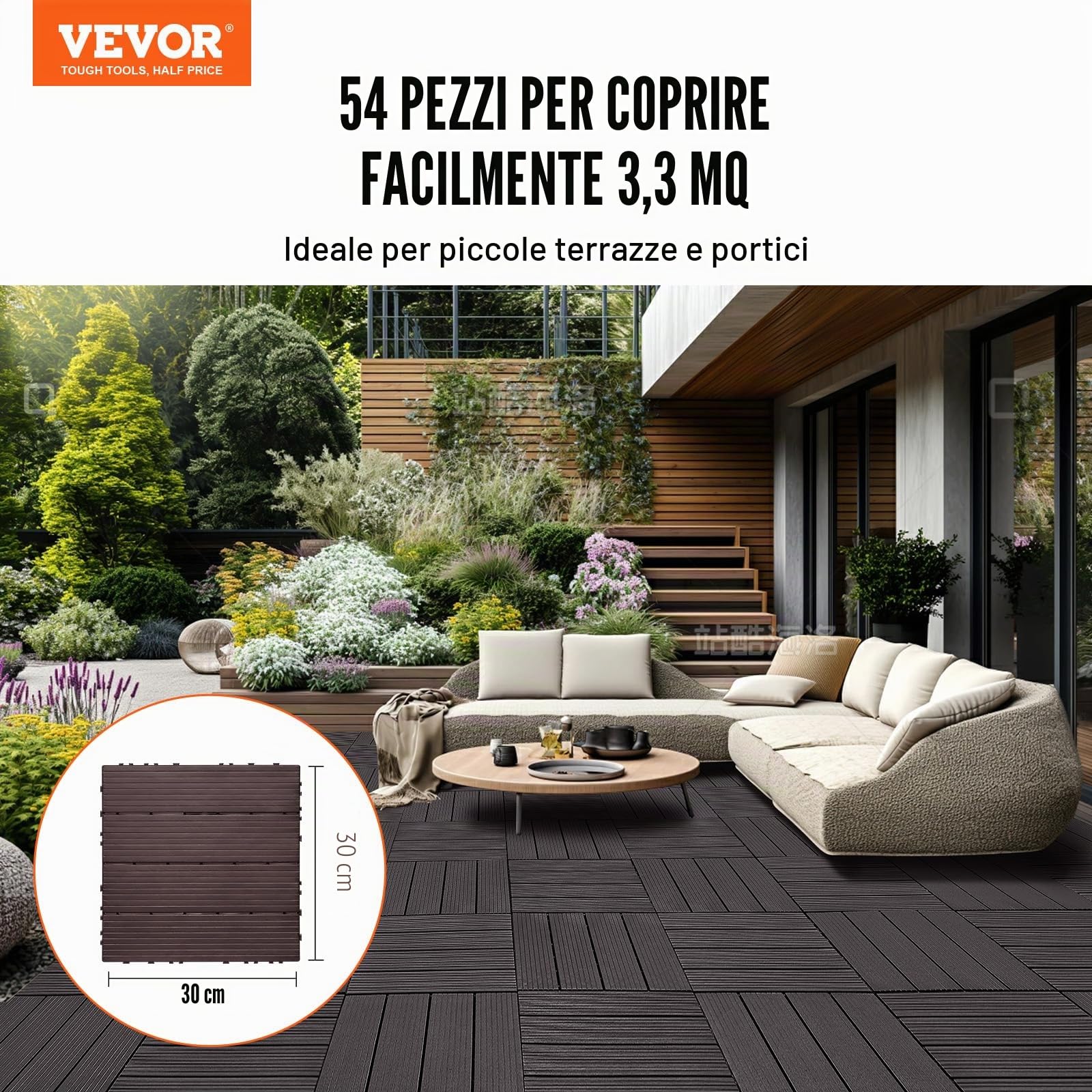 VEVOR Piastrelle per Patio ad Incastro 54 Pezzi 300 x 300 x 20 mm, Piastrelle Impermeabile in Plastica, Piastrelle per Tutte Le Condizioni Atmosferiche, per Portico Piscina Cortile, Marrone Scuro