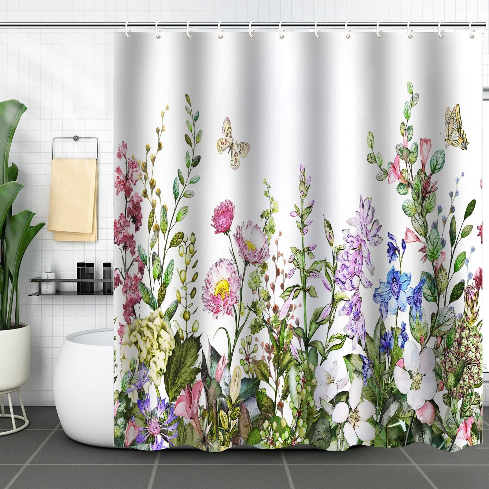 Shower Curtains Pink Floral Butterfly Wet Room Shower Curtain Mould Proof Resistant Waterproof Polyster Fabric Washable with 12 Hooks Garden Bathroom Curtains (180x220cm)