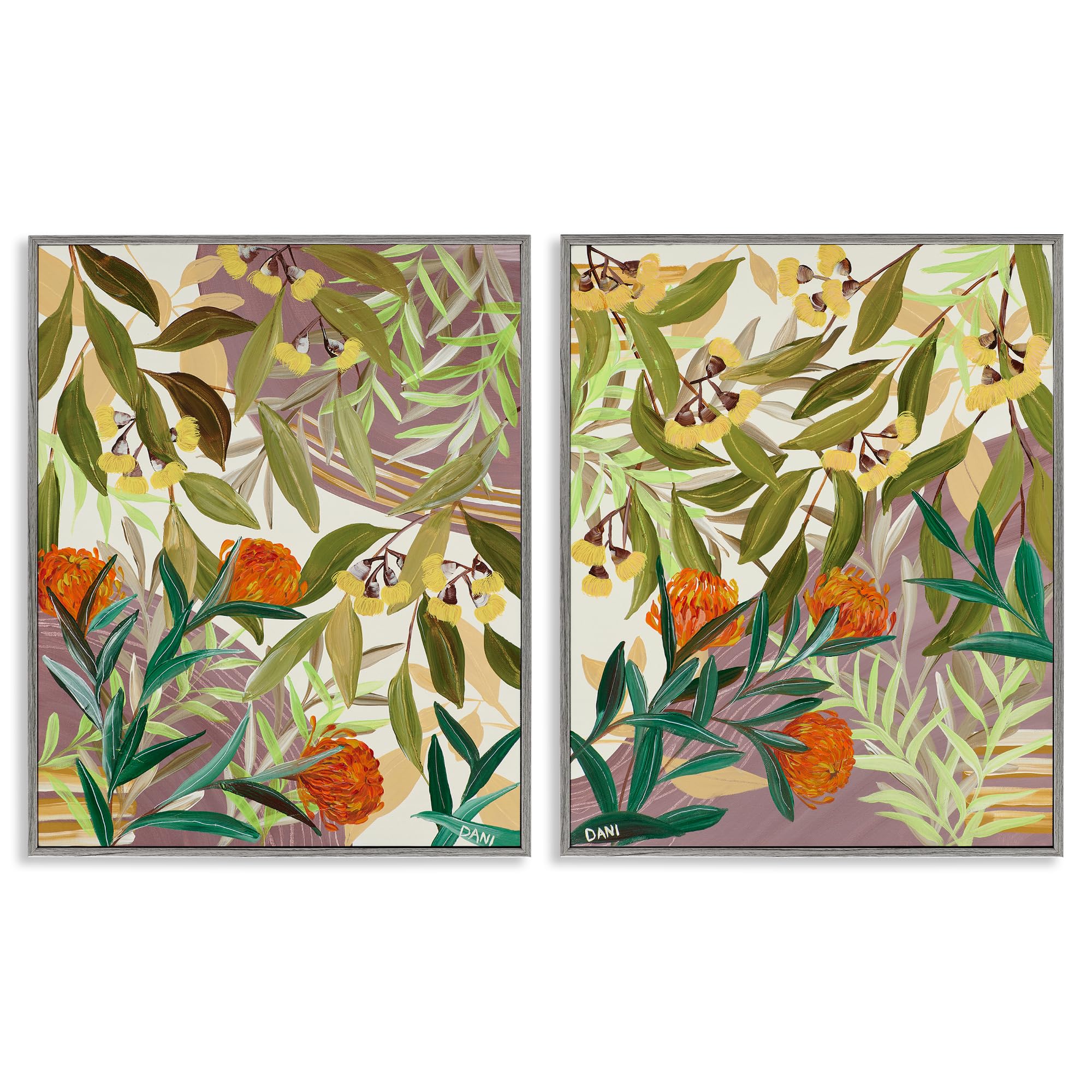 Stupell Industries Tropical Botanical Floral Painting 'Walk With Me Botanicals', 2Pc Framed Giclee Art Set 2, Gray, 24 X 30 Inches, Easy To Hang And Sturdy, Made In Usa, By Dani Heyward