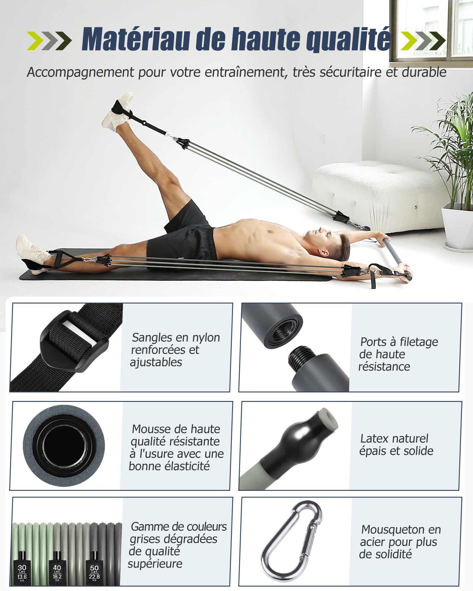 ALongSong Elastiques de Musculation Barre de Pilates avec 6 Bandes de Résistance Élastique 240LBS/360LBS Ancrage de Porte Réglable Amovible pour Fitness Yoga Étirement Squat