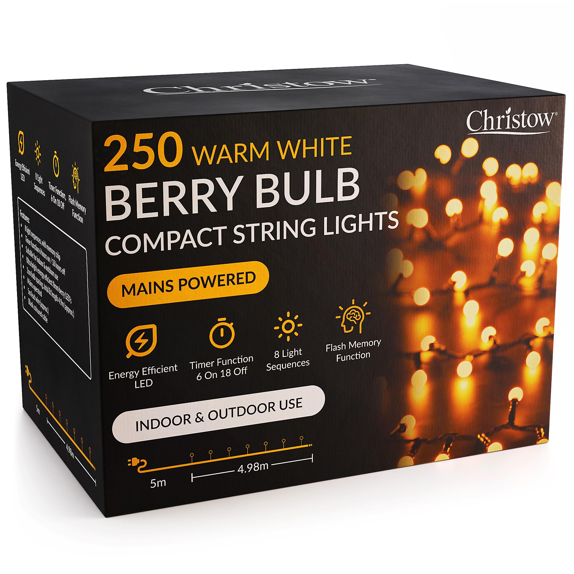CHRISTOW Berry Bulb Compact Christmas String Lights, Warm White, 250 LED
