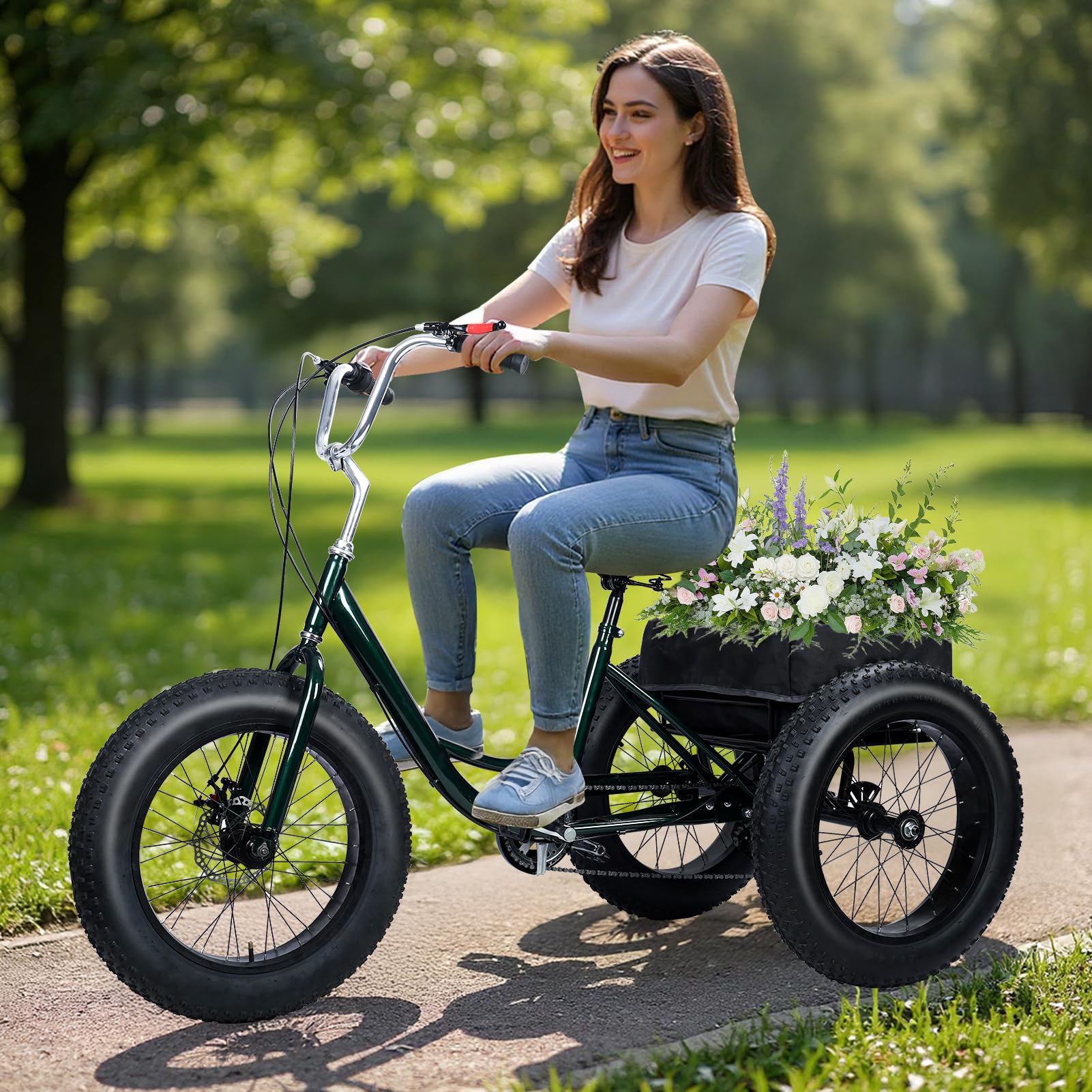 Masiunoz 20 Inch Fat Tire Adult Tricycle?Fat Tire Tricycle, 7 Speed Adults Tricycle with Dual Disc Brakes, Rear Cargo Basket, Adjustable Handlebars, Shock Absorbing Wider Seat, 450 Lb Weight Capacity