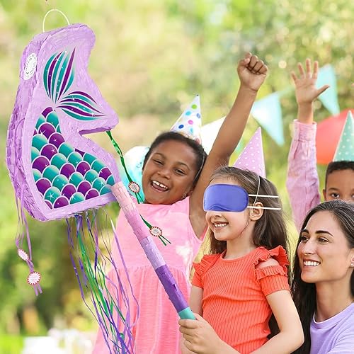 Miniatura 4 de WERNNSAI - Piñata de sirena plegable, piñata de cumpleaños con flecos que incluye cuerda para jalar, venda y bate. Decoraciones y juegos para
