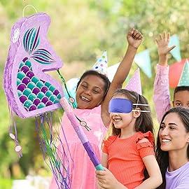 WERNNSAI Foldable Mermaid Piata - Pull String Mermaid Birthday Party Supplies Mermaid with Blindfold Bat and Tassels Mermaid Party Decoration Games Folding Purple Mermaid Piatas for Classroom Game