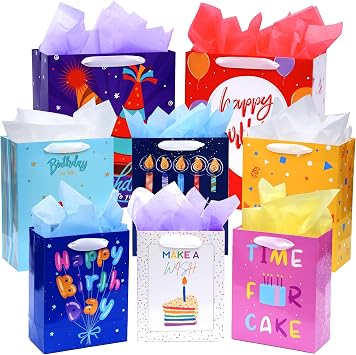 Nihuecne 8 Pack Birthday Gift Bags Assorted Sizes 2 Extra Large 15", 3 Large 13",3 Medium 9" with Ribbon Handle and Tissue Paper, Reusable and Perfect For Wrapping Present