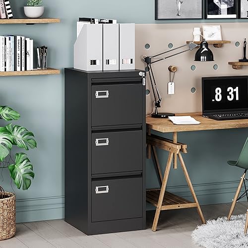Miniatura 6 de Letaya Archivador de 3 cajones con cerradura, archivadores de metal para almacenamiento de oficina en casa A4F4cartaLegal (requiere montaje, negro)