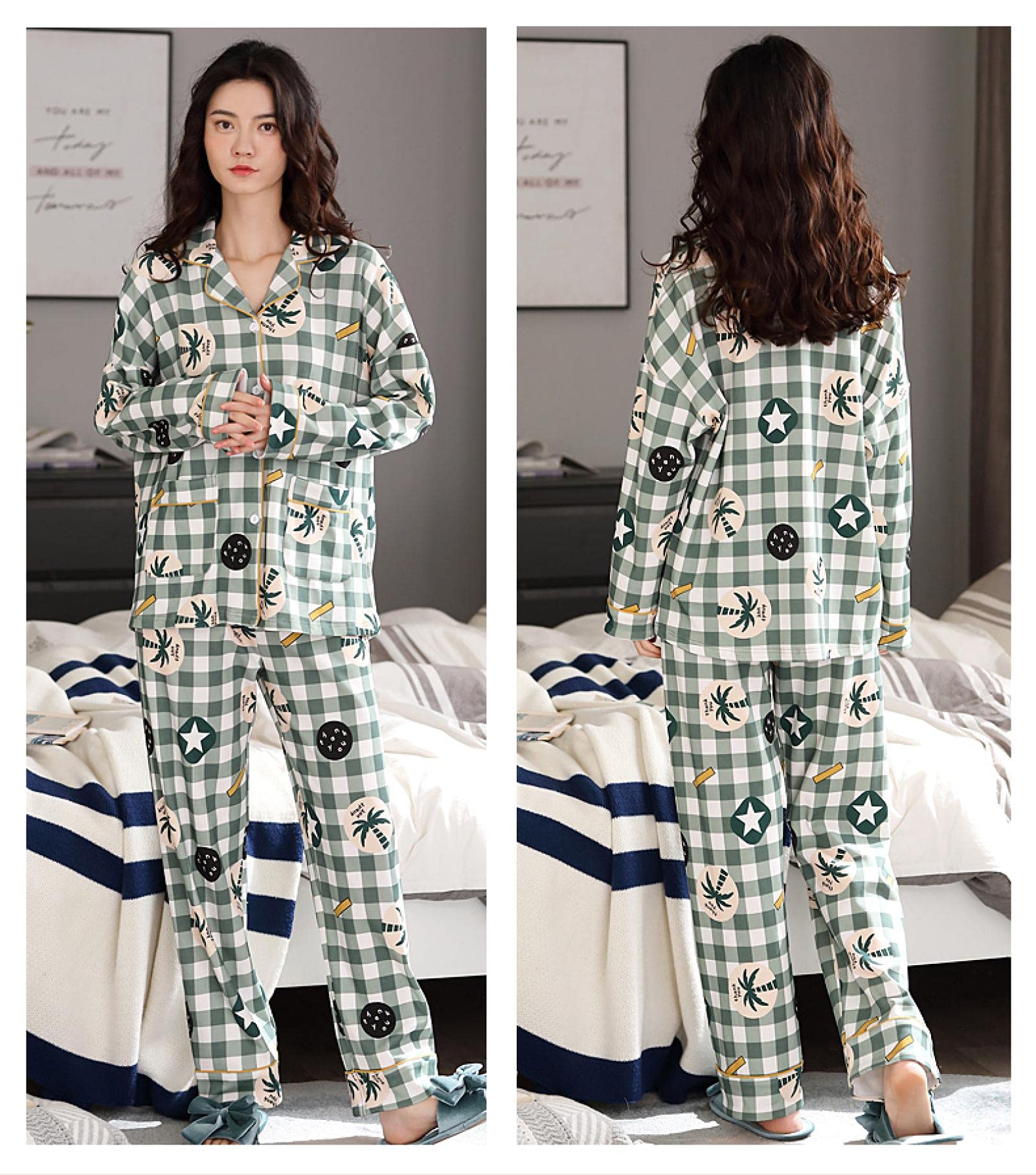 Pigiama Pigiama Set Pigiama Manica Lunga per Donna Abbottonatura Pigiama Taglie Forti Morbido Pigiama Set XL Verde