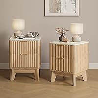 TROJMHome Fluted Nightstand Set of 2 - Modern Faux Marble Top End Tables with 2 Drawers, Natural Oak Bedside Tables for Bedroom