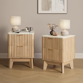 TROJMHome Fluted Nightstand Set of 2 - Modern Faux Marble Top End Tables with 2 Drawers, Natural Oak Bedside Tables for Bedroom