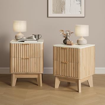 Fluted Nightstand Set of 2 with Faux Marble Top,Natural Oak