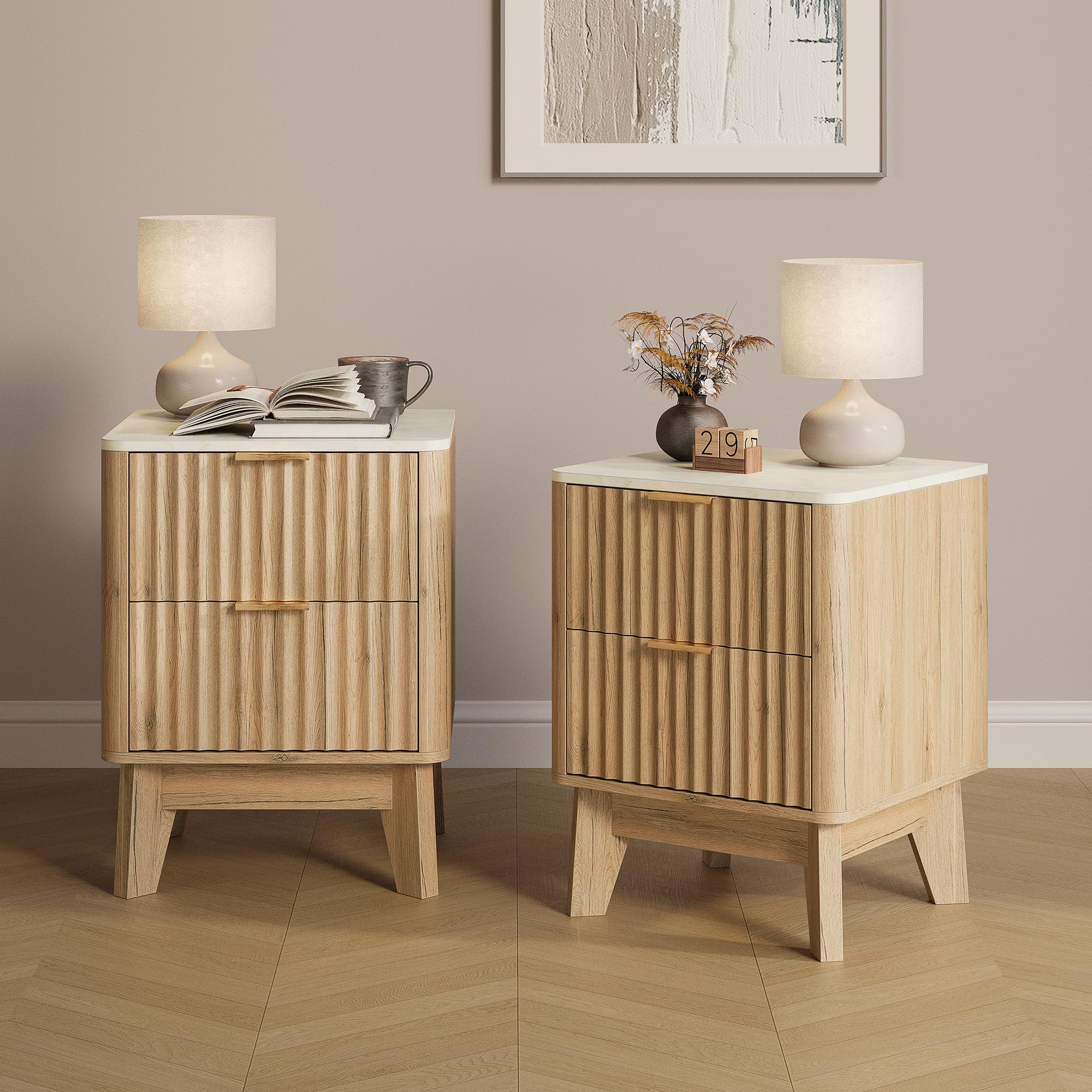 Photo 1 of *** PARTIAL SET *** TROJM Fluted Nightstand Set of 2,Modern End Table with Faux Marble Top,2 Storage Drawers Side Table,Bedside Table for Bedroom, Living Room,Curved Profile Design Furniture,Natural Oak