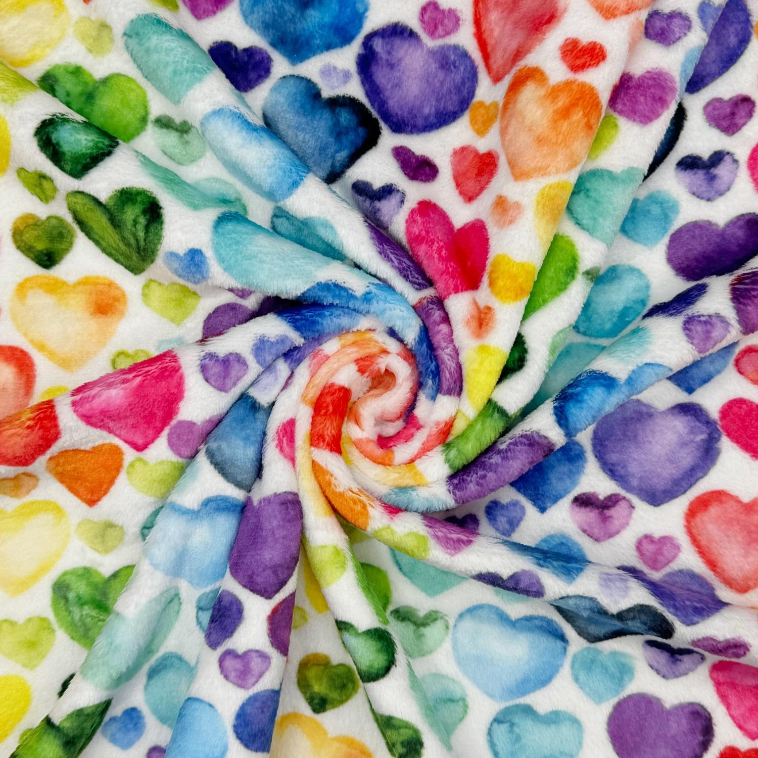Super Soft Cuddle Fleece Fabric Material Rainbow Love Hearts 1/8MTR
