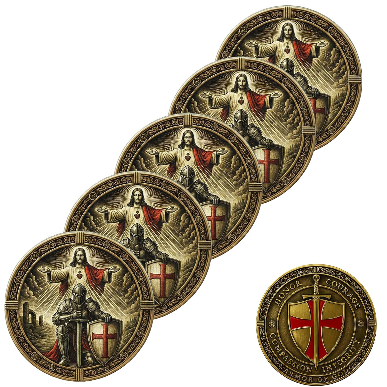Knight Templar Prayer Coin, Put On The Whole Armor of God Knight Templar Coin, Symbol of Faith & Protection Collectible, Religious Person Gifts for Christians (5pcs)