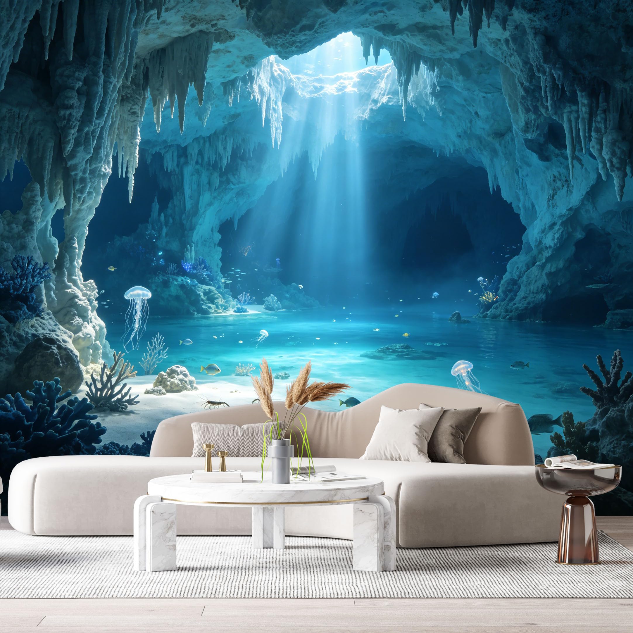 Custom Size Wall Murals Underwater Cave Ocean Marine 3D Trompe L'Oeil Jellyfish Coral SelfAdhesiveWall Fabric Removable Wallpaper Wall Decor for Living Room Bedroom Bathroom