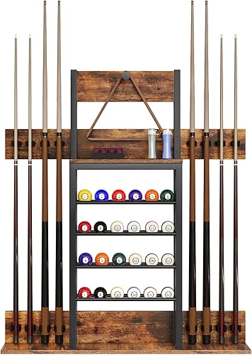 DWVO Soporte de pared para palos de billar, soporte de pared para tacos de piscina con capacidad para 8 palos de taco y 24 bolas, accesorios para