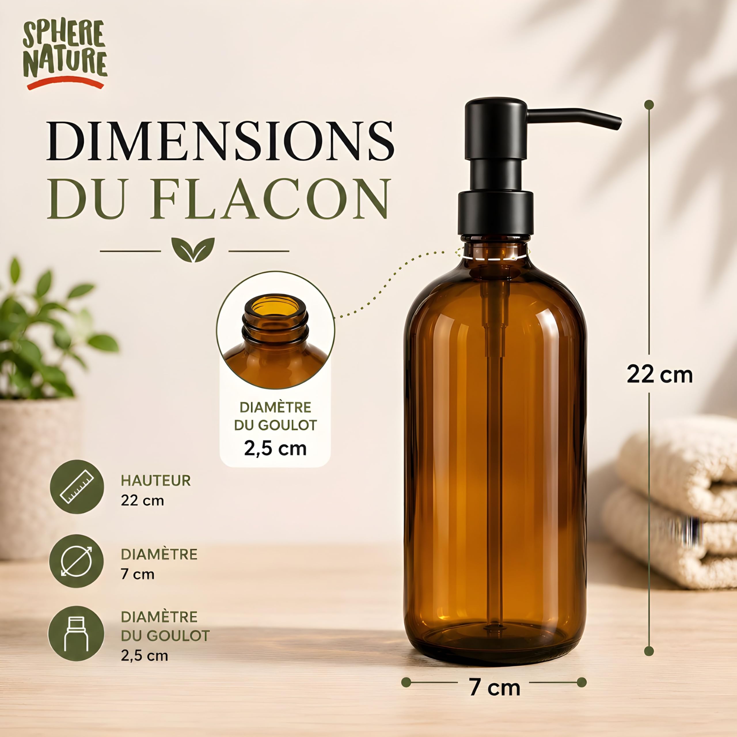 Flacon Pompe Vide Verre 500ml Ambre Vintage | Lot de 2 + Entonnoir + Plateau Bois + 4 etiquettes | INOX Brossé Noir | Distributeur Savon Gel Hydroalcoolique Liquide Vaisselle Shampoing | (Noir)
