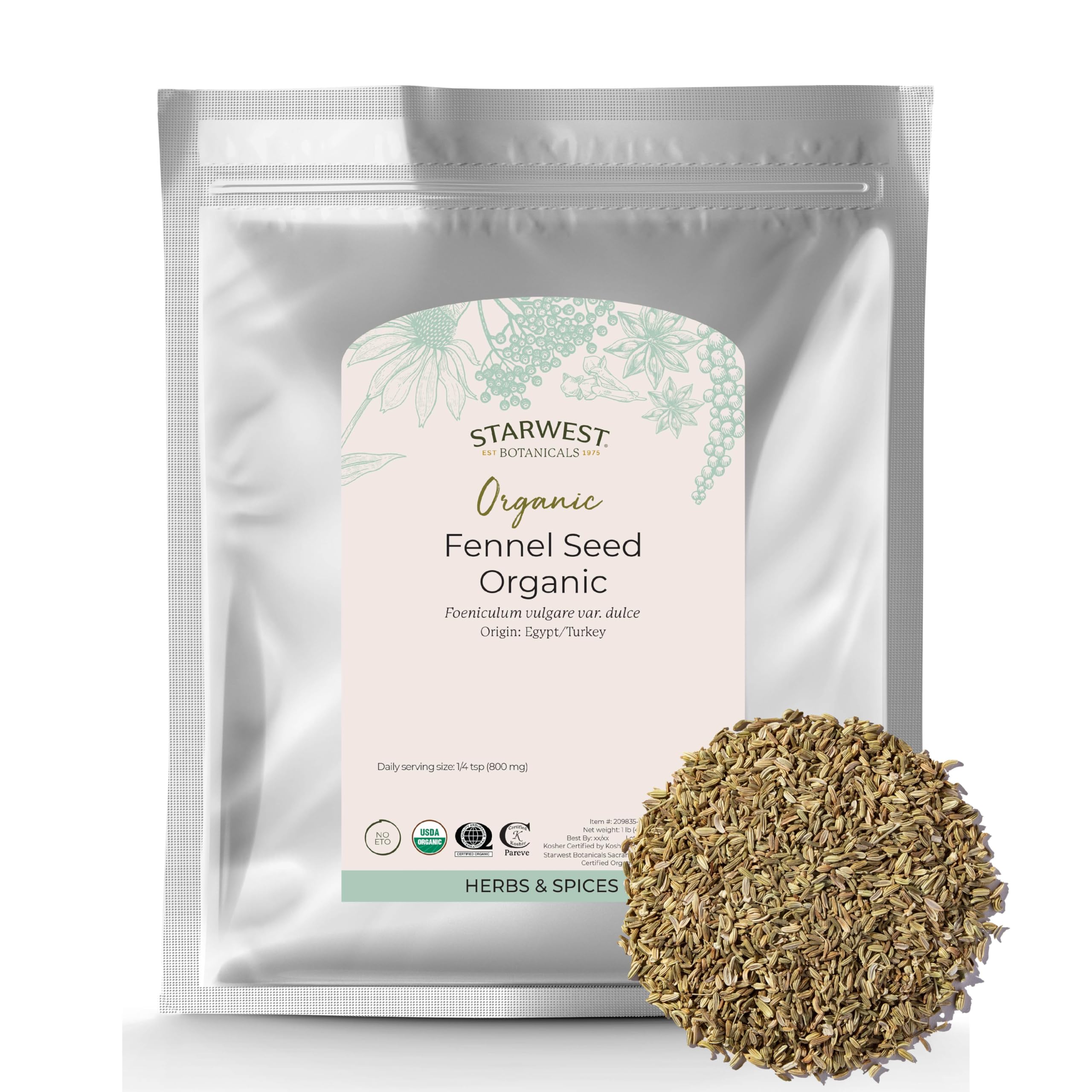 Starwest Botanicals Organic Fennel Seed - Dried Spice for Seasoning, Baking, Cooking, & Tea, Natural Digestion Support, Certified Kosher, Non-GMO - Bulk 1 lb Bag