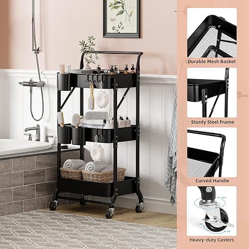 Miniatura 6 de Carrito plegable de 3 niveles con ruedas, organizador de carrito utilitario plegable, carrito de almacenamiento plegable con 3 tazas colgantes y 6