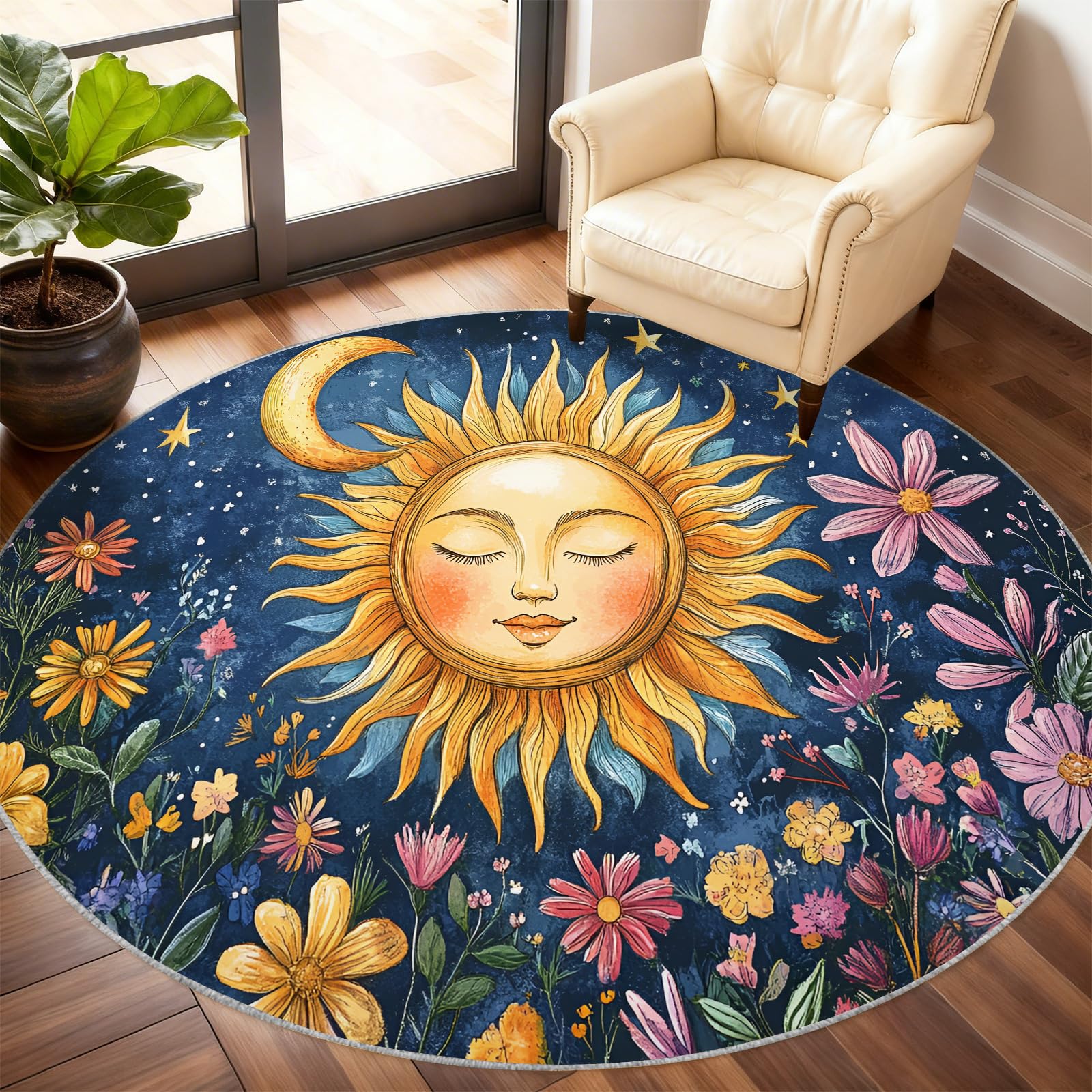 Sun Moon – Tapis rond à motif floral pour chambre à coucher, salon, œuvre d'art bohème pour enfants, tapis décoratif antidérapant, lavable, 1,5 m