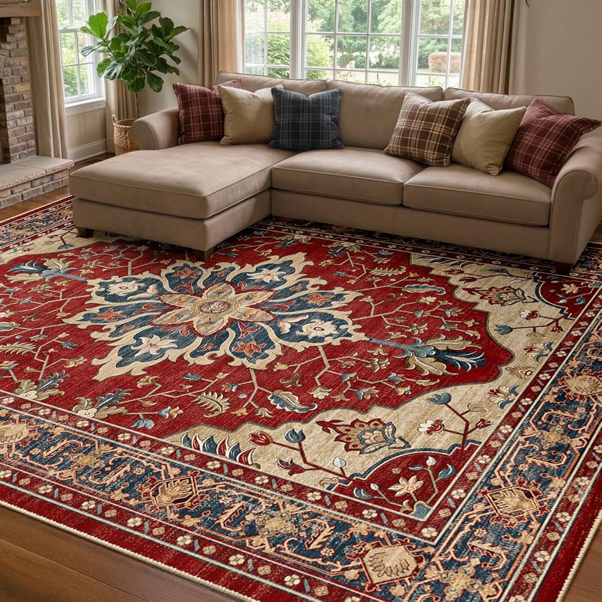 RELEANY Area Rugs 8'x10' Washable Non-Slip, Floral Vintage Distress Print Pattern Medallion Carpet for Living Room Bedroom Dining Room, Red Blue