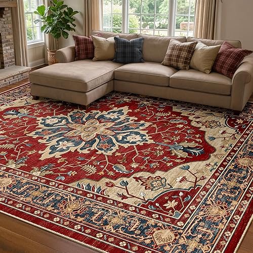 Area Rugs 8'x10' Washable Non-Slip, Floral Vintage Distress Print Pattern