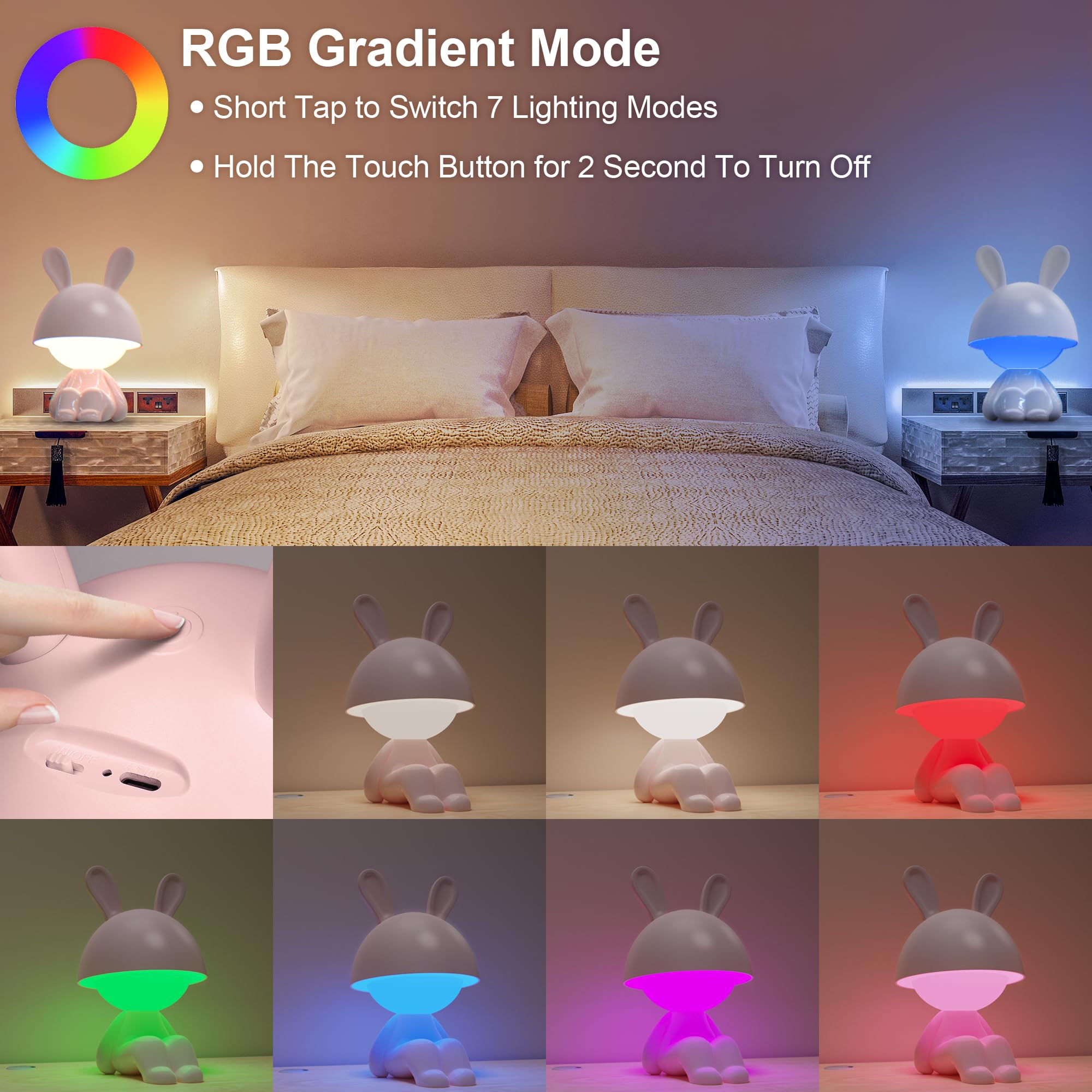 FemKey Lampe Bureau Enfant Fille Lapin Rose - LED Rechargeable Tactile 4 Modes