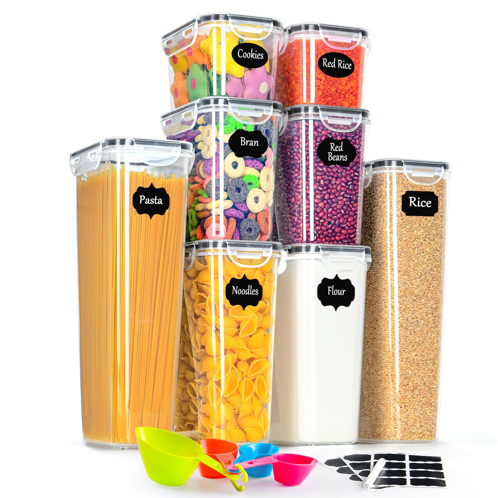 8 Pack Airtight Food Storage Containers Set with Lids, BPA-Free Stackable Pantry Organizer for Cereal, Flour, Sugar, Rice, Pasta & Dry Food – 2×2.8L, 2×2L, 2×1.4L, 2×0.8L with Spoons, Labels & Marker