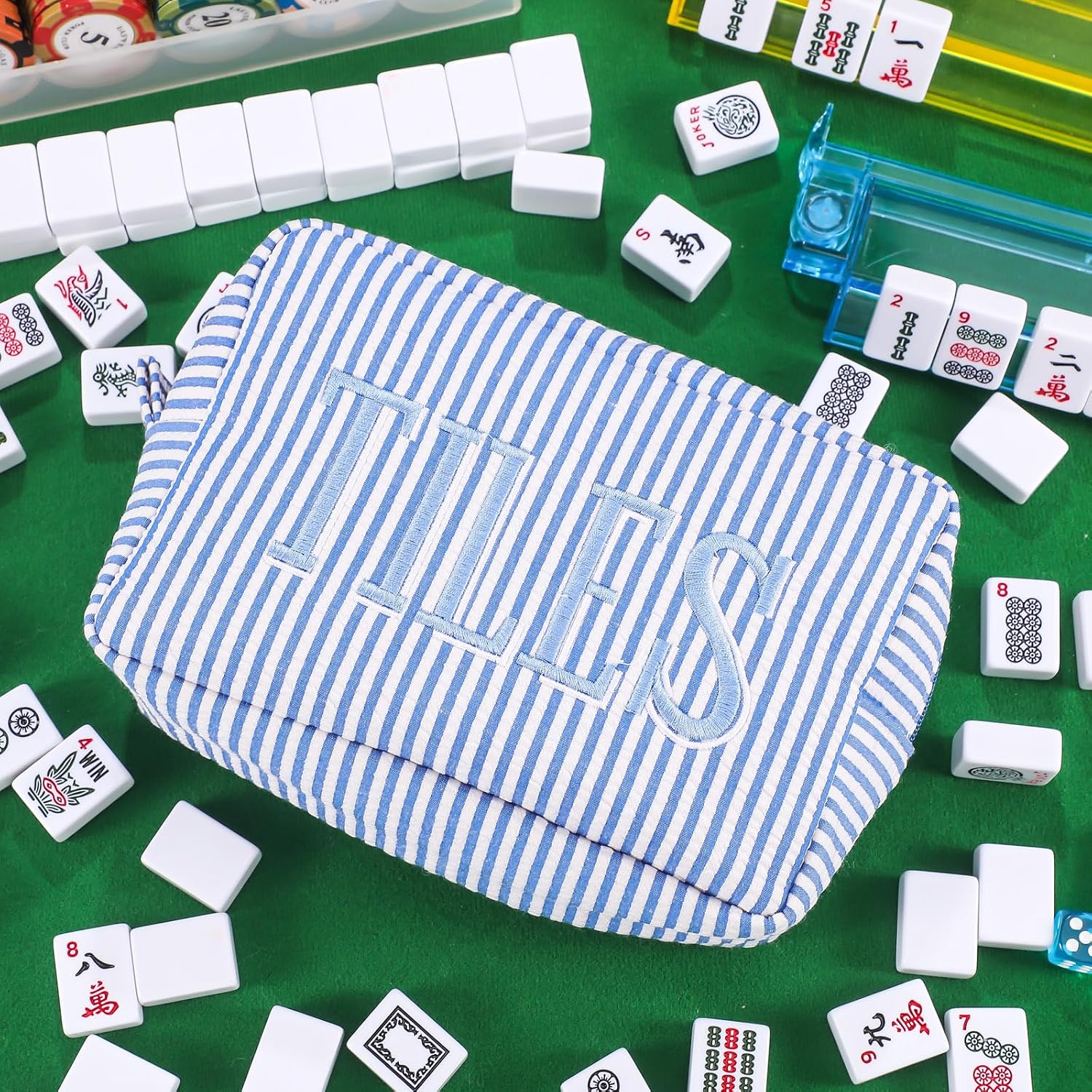 Empty Mahjong Bag Thickened American Mahjong Tiles Bag with Zipper Storage Pouch for Board Game Pieces Game Party Travel Gatherings Accessories, 10.4''x5.6'', Case Only (Tiles,Striped Blue)