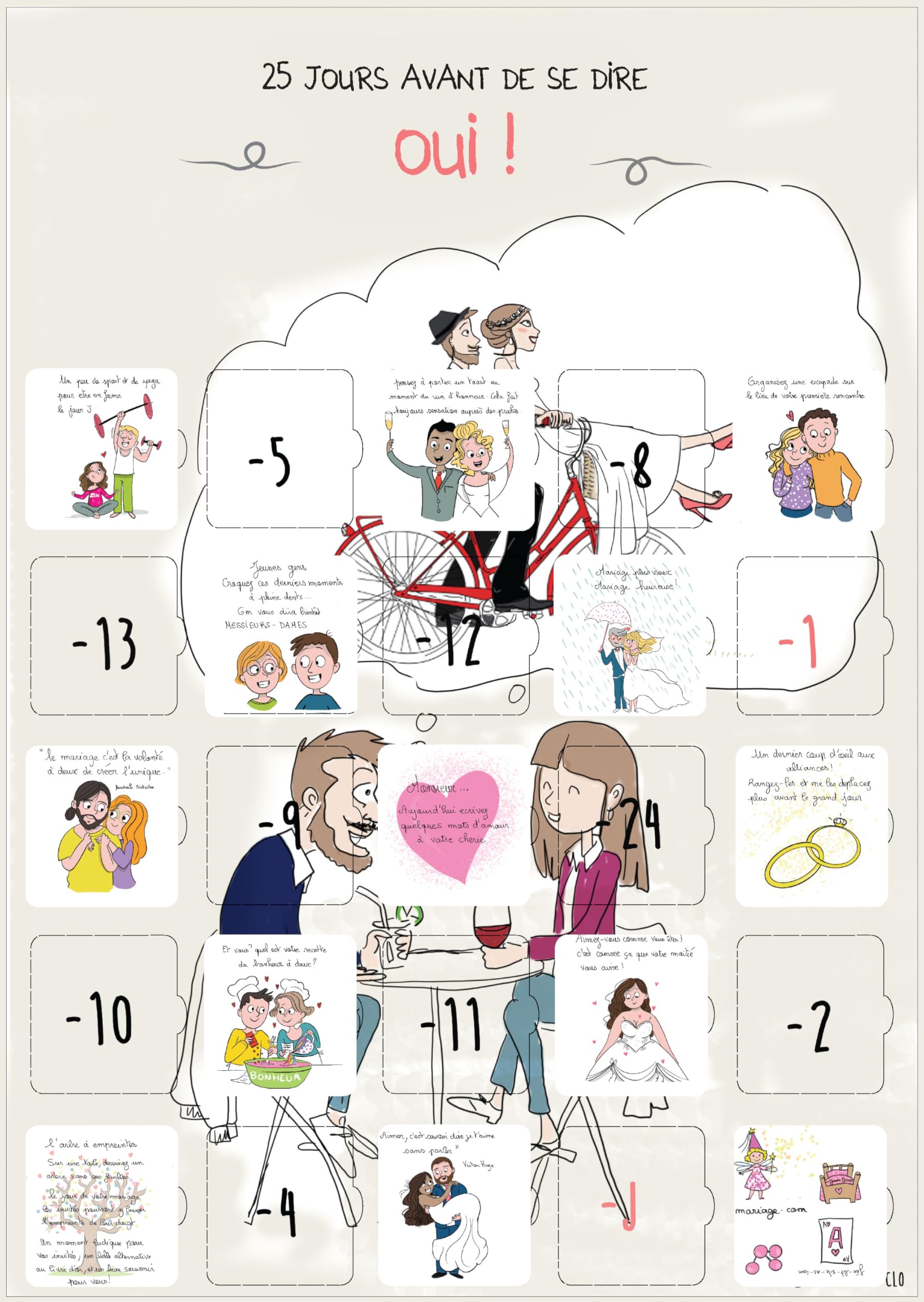 Calendrier de l'avent 25 jours AVANT le MARIAGE - Cadeau Mariage COUPLE - Cadeau EVJF - GUIDE organisation de MARIAGE