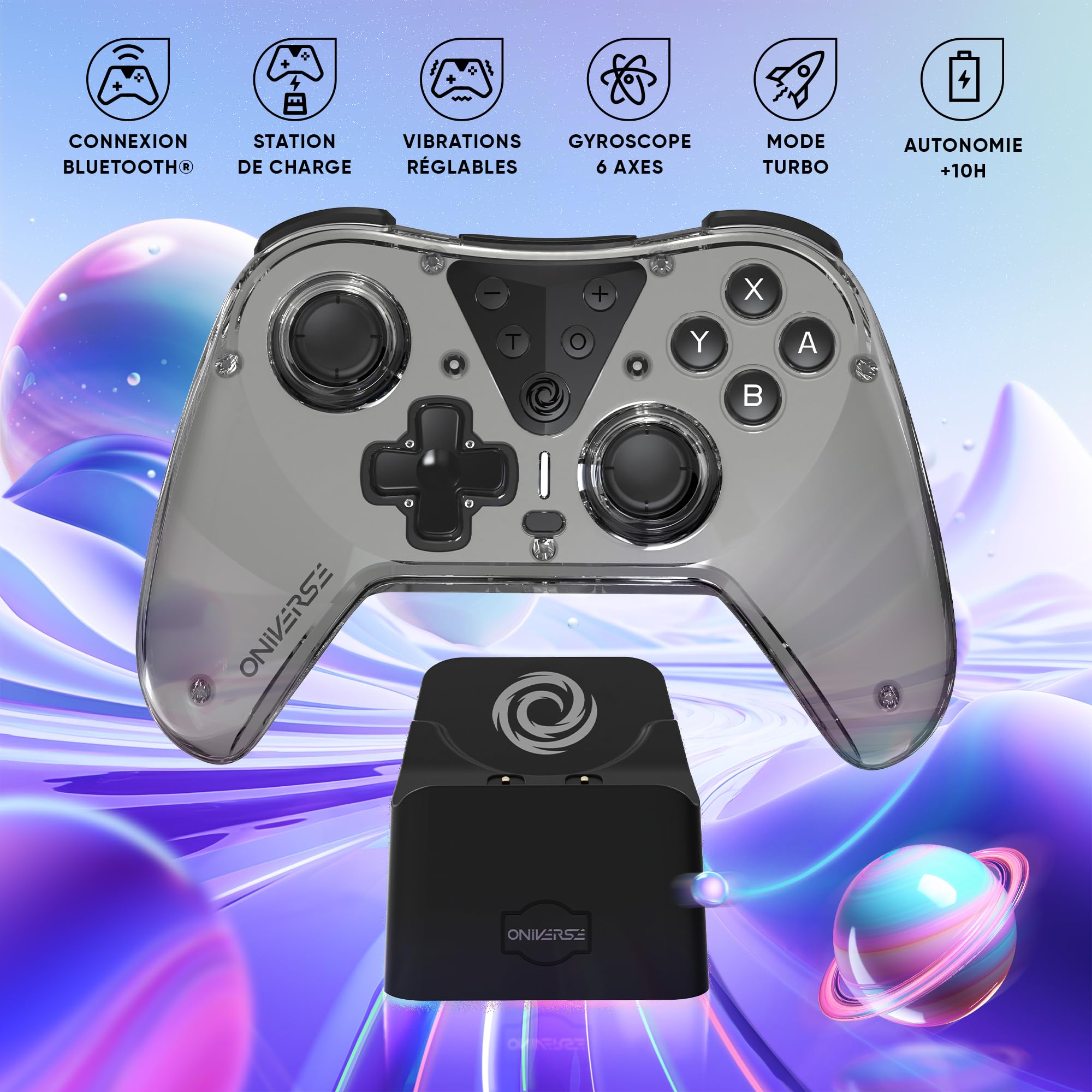 Oniverse Manette sans fil compatible Switch OLED Lite PC ANDROID iOS, Dock de charge, Vibrations réglables, boutons macro, mode Turbo, Wake up, Gyroscope 6 axes, Astralite (Nysa Grey/Grise)