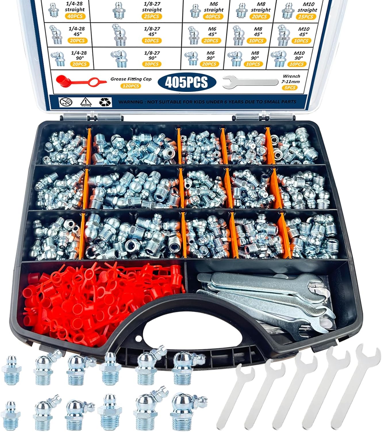 Grease Fittings Kit, 405Pcs SAE & Metric Grease Fitting Assortment, NPT 1/4" 1/8" M6 M8 M10 Straight 45 90 Degree Grease Zerk Fittings with Caps and Wrench Kit(7-11Mm) for Grease Gun
