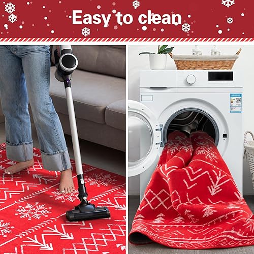 Miniatura 5 de Carvapet Alfombra navideña para área, diseño festivo de invierno con encantador árbol de Navidad, alce juguetón y delicados patrones de copo de