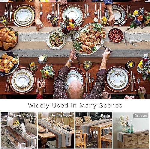 Miniatura 139 de Camino de mesa de algodón y lino estilo granja rústico retro, textura de madera de granero, color degradado marrón y gris, antideslizante,