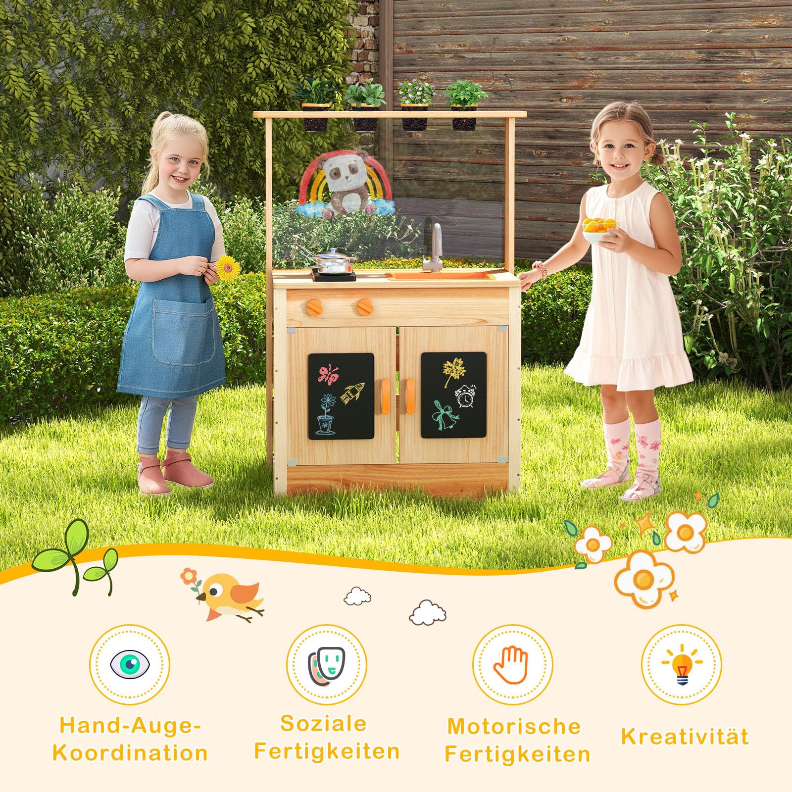 GOPLUS Matschküche Kinder, Spielküche Outdoor mit Pflanzentöpfen, Herdplatten, Abnehmbares Spülbecken, Kreidetafeln & Zubehör, Kinderküche Spielset für Garten und Hof, für Kinder ab 3 Jahren