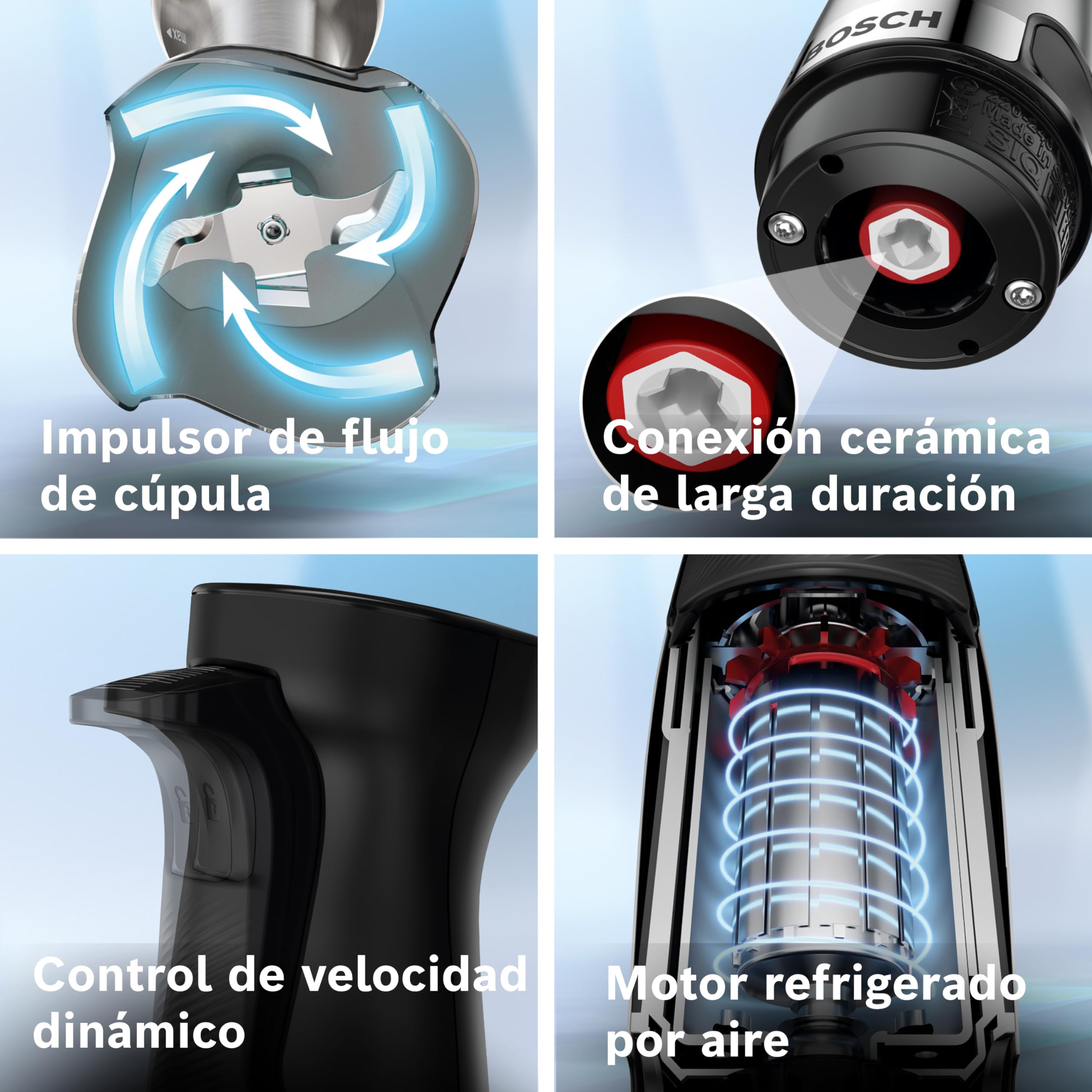 Bosch - Batidora de mano, ErgoMaster Serie 6, motor refrigerado por aire de 1000 vatios, control dinámico de velocidad, sistema de mezcla QuattroBlade, Acero inoxidable, MSM6M622