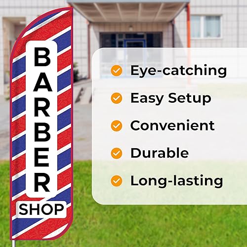 Miniatura 5 de Letrero de barbería tamaño King sin viento, 2 unidades, 3 x 11.5 pies, banderas de barbería resistentes para publicidad  Banderas de poliéster
