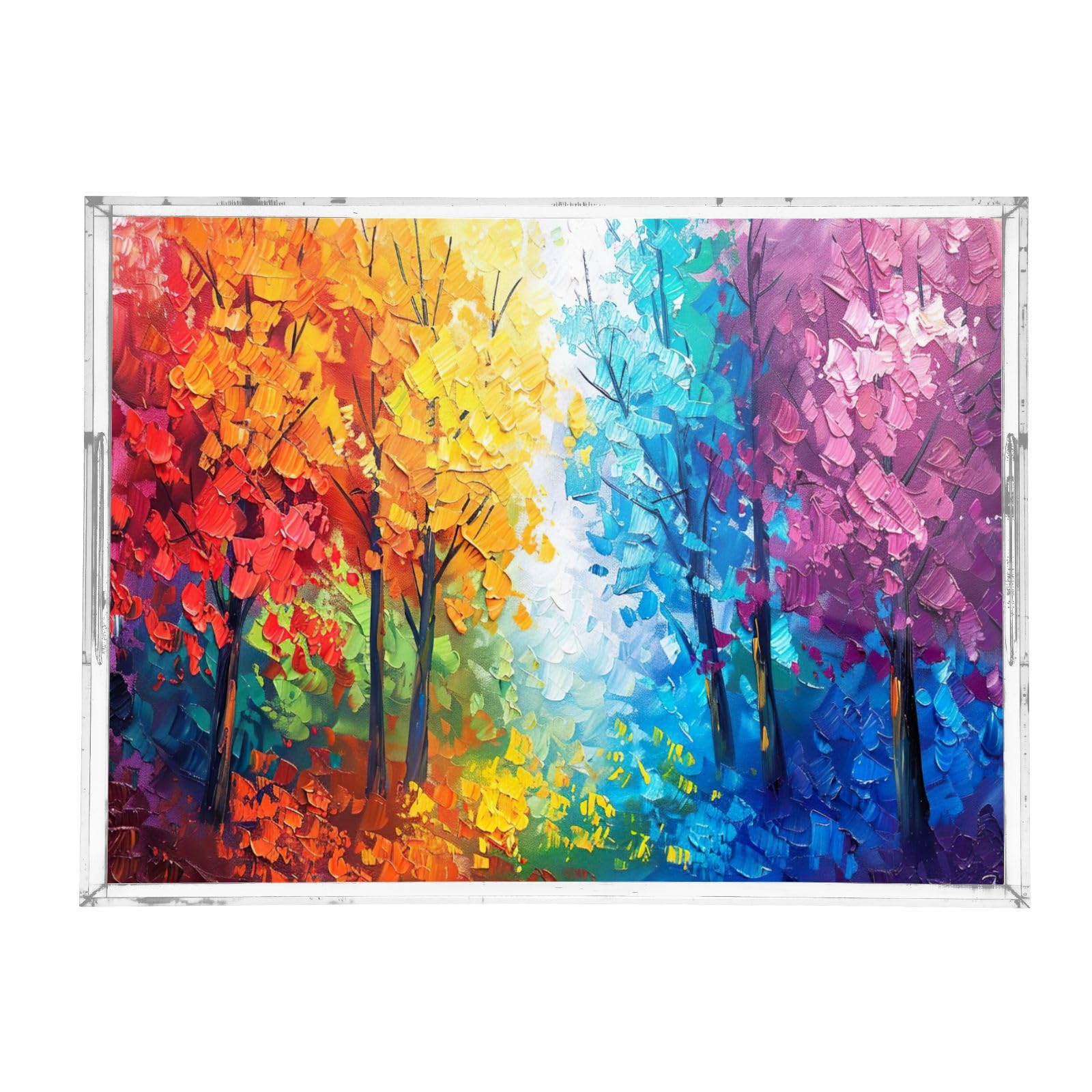BOESI Oil Painting Colourful Tree Pattern Acrylic Decorative Dining Tray, Acrylic Decorative Tray Organizer with Handle for Kitchen, Dining Room, Bathroom, Dresser