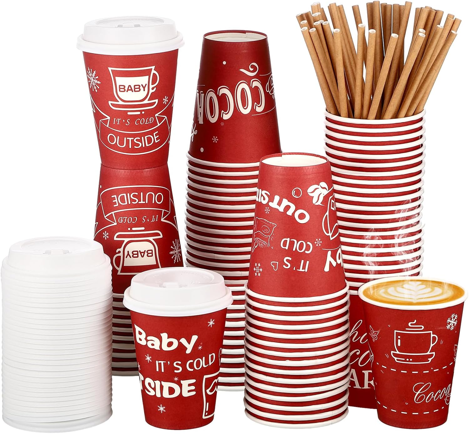 48 Pcs 9 oz Hot Cocoa Bar Disposable Coffee Cups Christmas It's Cold Outside Tea Paper Cup with Lid and Straw for Christmas Baby Shower Party Supplies(Red)