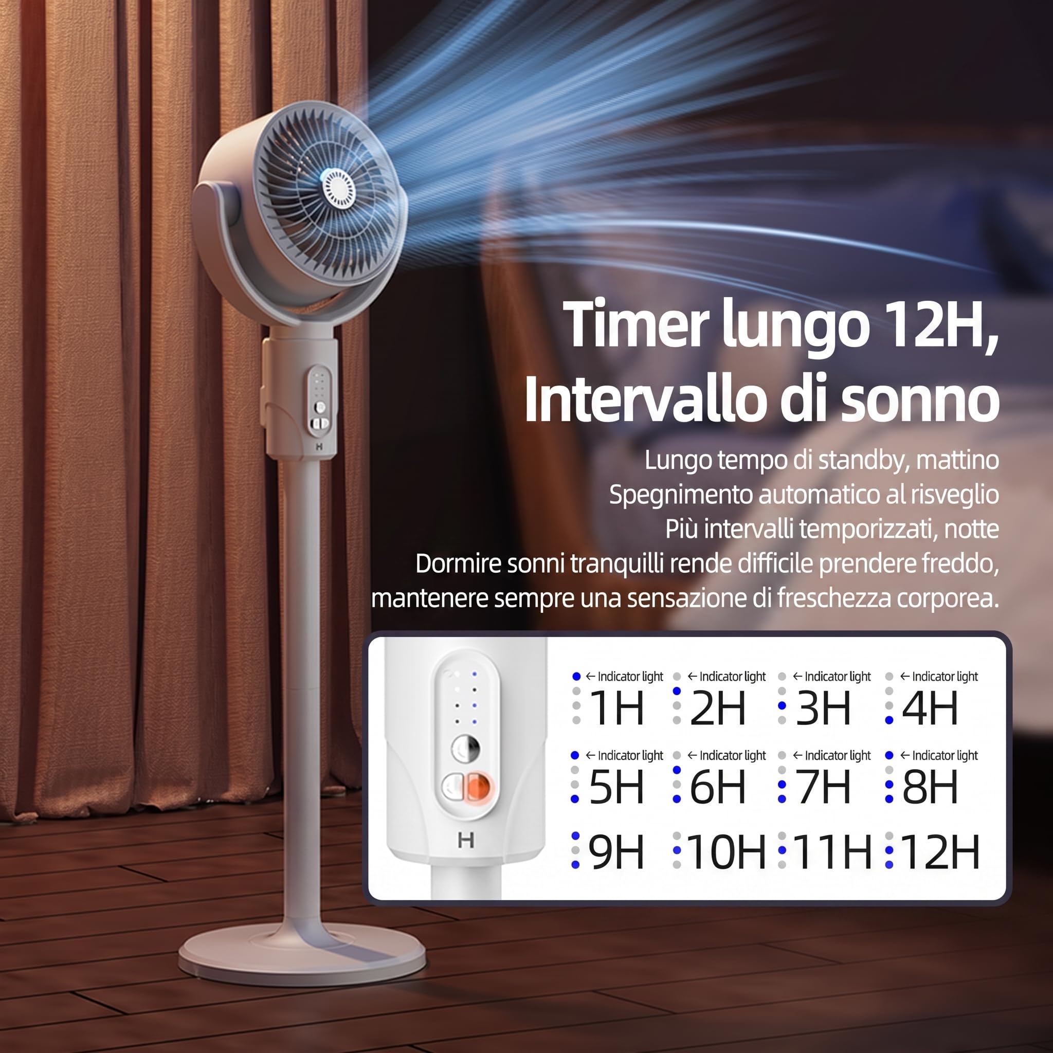 Ventilatore a piedistallo regolabile, circolatore d'aria domestico con telecomando, 430 CFM 5 velocità, oscillazione verticale 180° e orizzontale 90°, 3 altezze regolabili, timer 12H
