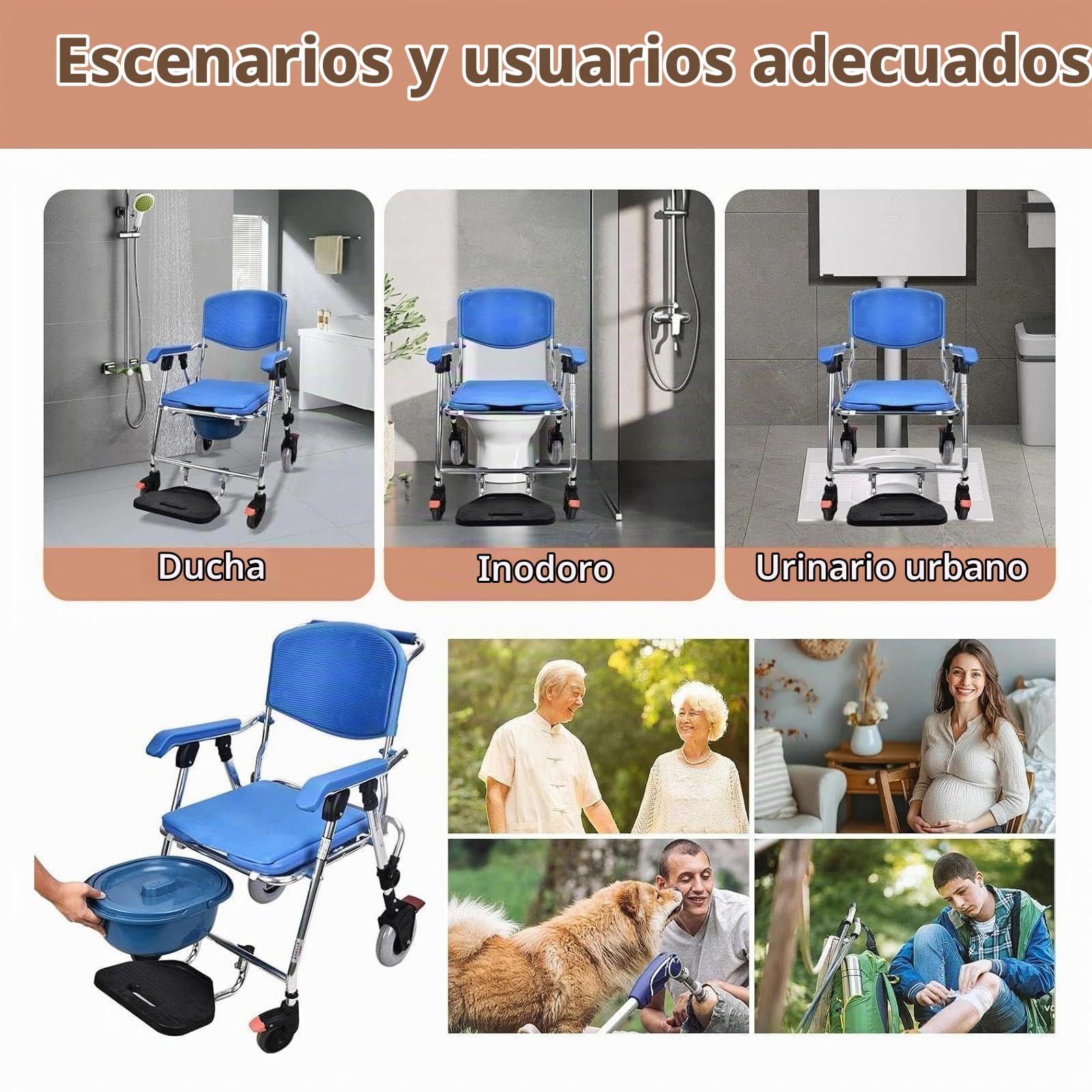 Silla Ducha WC con Ruedas Plegable, 4 en 1 Silla para WC y Ducha para Enfermos, Ancianos, Discapacitados y Embarazadas, Silla para Ducha para Personas Mayores con Ruedas Soporta hasta 150 kg