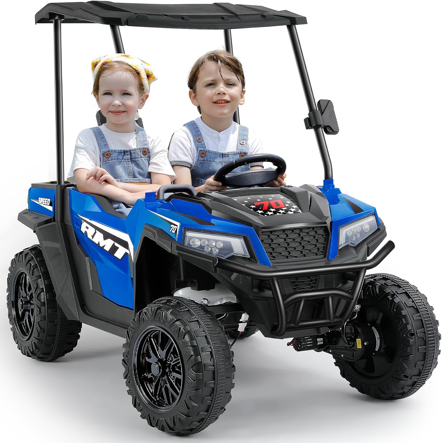 ELEMARA 24V Ride on Toy for Big Kid,Ride on Car 2 Seater w/Sun Shade,Dump Bed & Shovel,4.5MPH,4WD Electric Car for Kids,Battery Car w/Remote,Kids Ride on Truck,3 Speed,LED Lights,Bluetooth, Navy