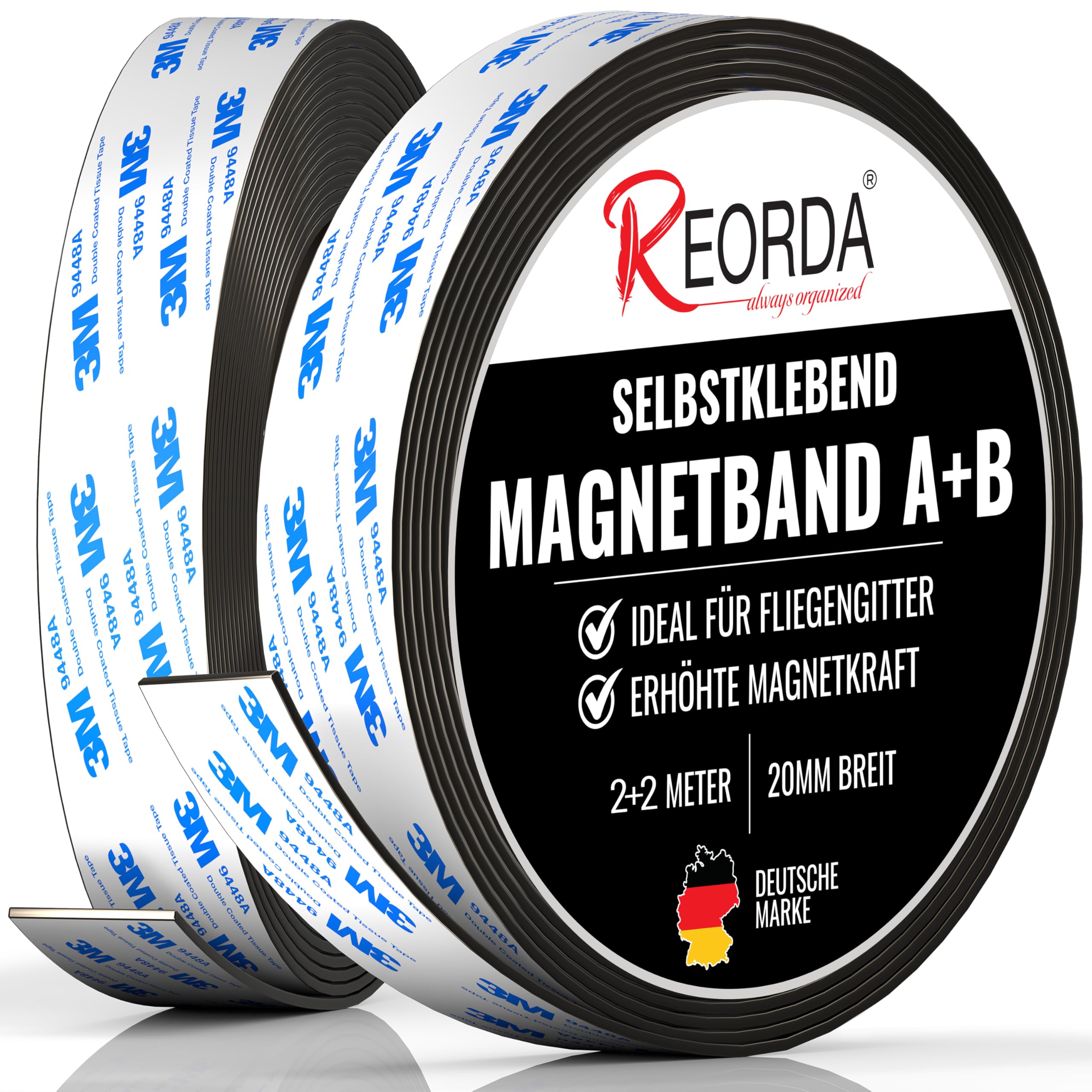 Reorda® Magnetband A B (EXTRA STARKER 3M KLEBER) Selbstklebender Magnetstreifen für Fliegengitter & Moskitonetze für beste gegenseitige Anziehung - Magnetband selbstklebend