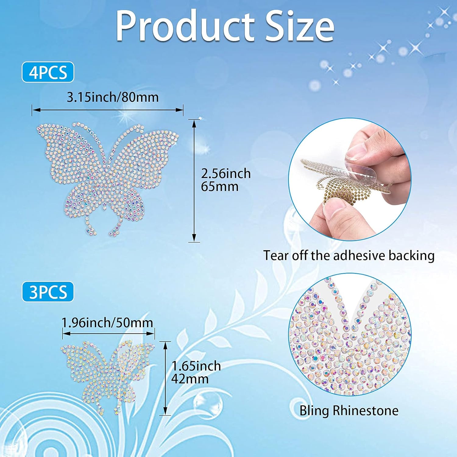 OIIKI 7PCS Butterfly Crystal Car Stickers, Bling Rhinestone Crystal Rhinestone Car Sticker Decal, Self-Adhesive Silver Glitter Rhinestones Decals, for Cars Bumper Window Laptops Luggage - Image 3