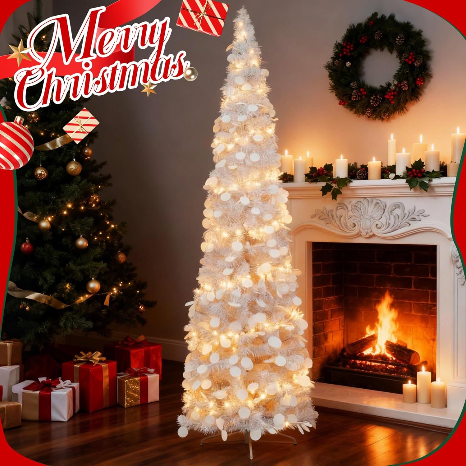 Leyndo 2 Pcs 5 ft Collapsible Artificial Christmas Tree with LED Light Pre Lit White Sequined Pop Up Tinsel Pencil Skinny Xmas Tree for Indoor Home Fireplace Decoration