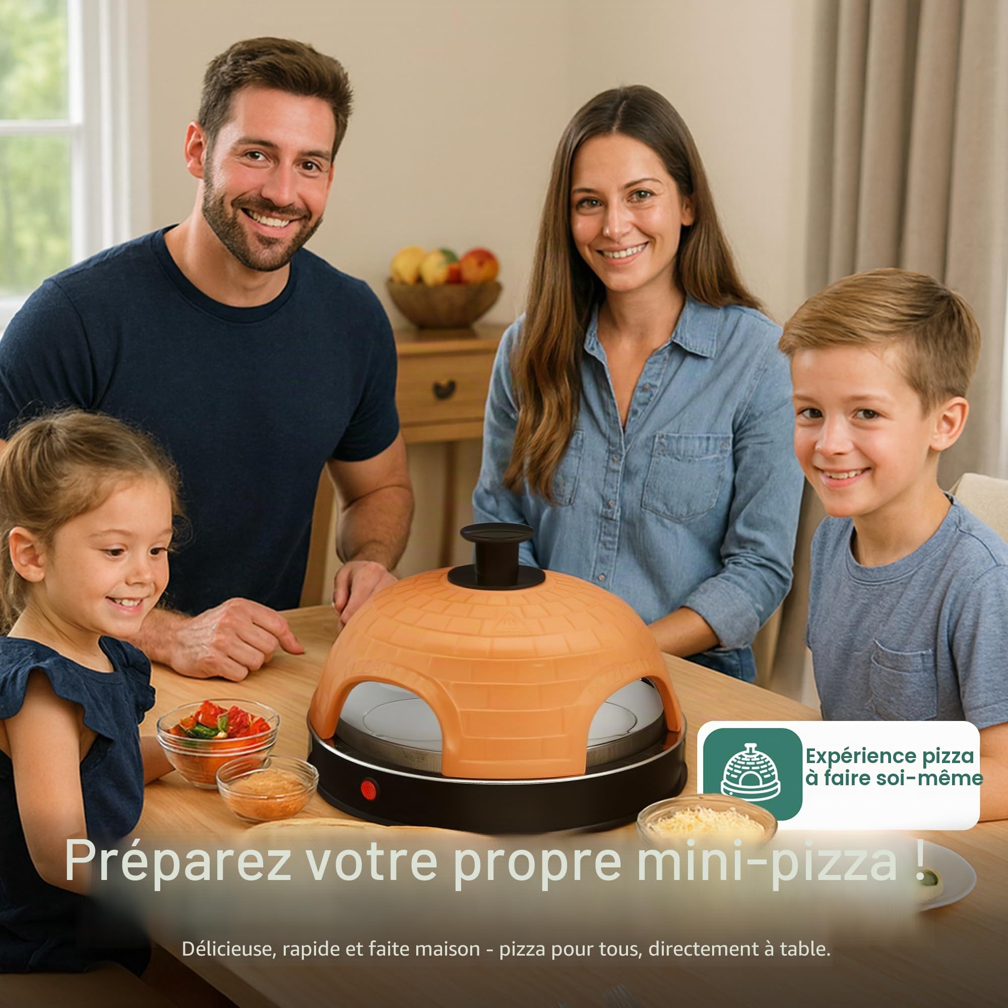 Emerio PO-115985 Four à pizza, couvercle en terre cuite, fait à la main, design breveté, pour mini pizza, véritable plaisir familial pour 4 personnes