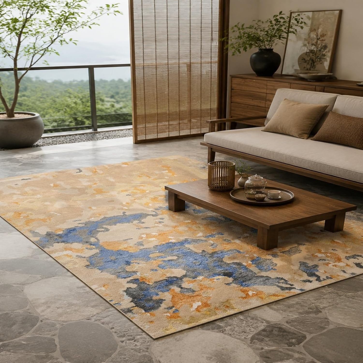 Tapis Lavable Salon Abstrait Beige Bleu, Beige, 160x230 cm (Rectangulaire)