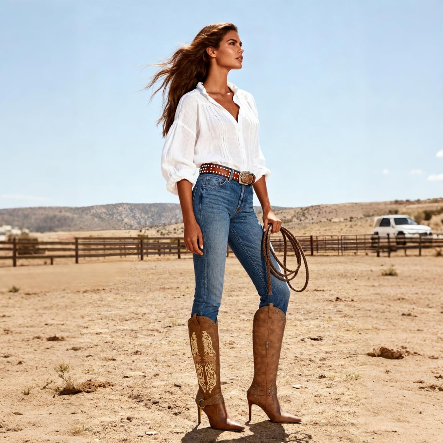 JANSEVEN Western Boots for Women Knee High Cowboy Boots with Embroidered Cowgirl Boot Stiletto High Heel Boot Pointed Toe Side Zipper 3.5 Inches Fashion Boots Size 7.5 - Image 3