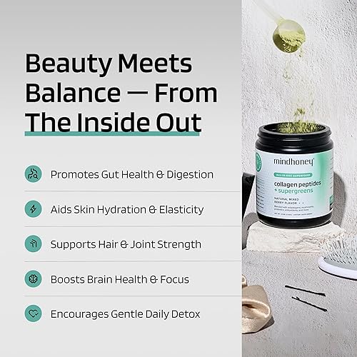 Miniatura 4 de MINDHONEY  Péptidos de colágeno + súper verdes  Polvo de superalimento todo en uno de primera calidad  Salud intestinal, desintoxicación, cabello y