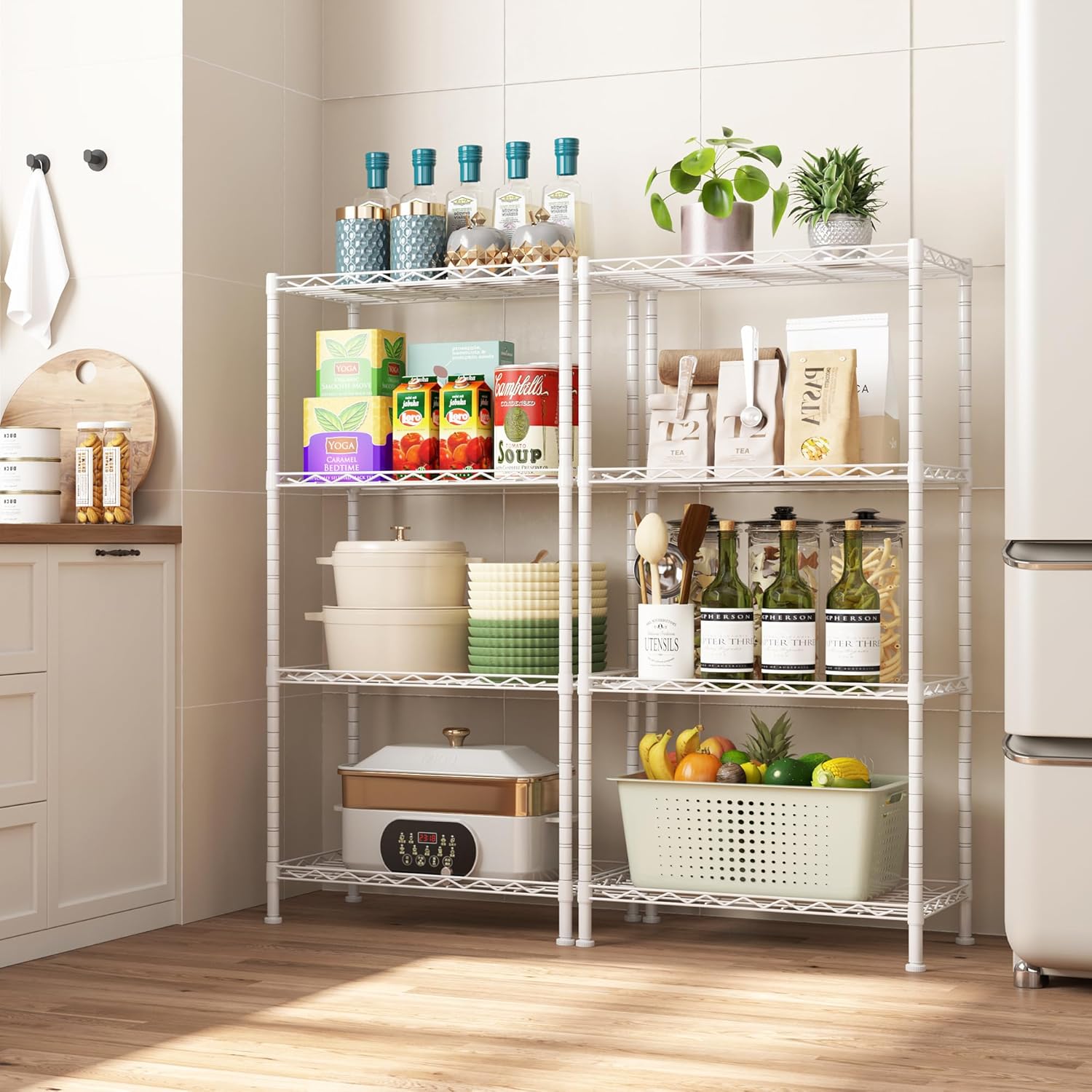 HOMEFORT 4-Shelving Unit in a kitchen, holding various kitchen items.